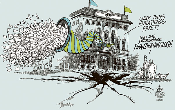 Oliver Schopf, politischer Karikaturist aus Österreich, politische Karikaturen aus Österreich, Karikatur Cartoon Illustrationen Politik Politiker Österreich 2022: ENTLASTUNGSPAKET REGIERUNG TÜRKIS GRÜN TEUERUNG INFLATION BUNDESKANZLERAMT WIEN BALLHAUSPLATZ FÜLLHORN LOCH FINANZIERUNG
