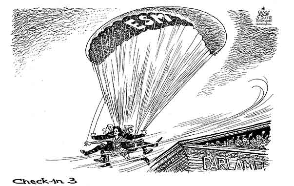  Oliver Schopf, politischer Karikaturist aus Österreich, politische Karikaturen, Illustrationen Archiv politische Karikatur Österreich Wirtschaft  und Finanzen 2012 FAYMANN SPINDELEGGER GLAWISCHNIG ESM PARAGLIDING SCHIRM PARLAMENT CHECK-IN 3 





