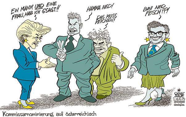 Oliver Schopf, politischer Karikaturist aus Österreich, politische Karikaturen aus Österreich, Karikatur Cartoon Illustrationen Politik Politiker Österreich 2024: EUROPÄISCHE UNION KOMMISSAR VON DER LEYEN UVDL KARL NEHAMMER WERNER KOGLER REGIRUNG KOALITION TÜRKIS GRÜN ÖVP DIE GRÜNEN MAGNUS BRUNNER NOMINIERUNG MANN FRAU
