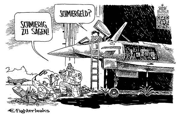 Oliver Schopf, politischer Karikaturist aus Österreich, politische Karikaturen, Illustrationen Archiv politische Karikatur Österreich: Eurofighter 2012 EUROFIGHTER KAMPFJET EADS DARABOS NORBERT JUSTIZ SCHMIERGELD WIKILEAKS HANGAR UNTERSUCHUNG ERMITTLUNG STAATSANWALTSCHAFT KORRUPTION 

Der erste „Neutralitätsfighter“ trifft ein.. 