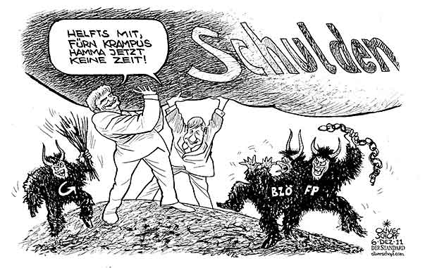 Oliver Schopf, politischer Karikaturist aus Österreich, politische Karikaturen aus Österreich, Karikatur, Illustrationen Politik Politiker Österreich 2011 REGIERUNG FAYMANN SPINDELEGGER SCHULDEN BREMSE VERFASSUNG GESETZ OPPOSITION KRAMPUS 
 
