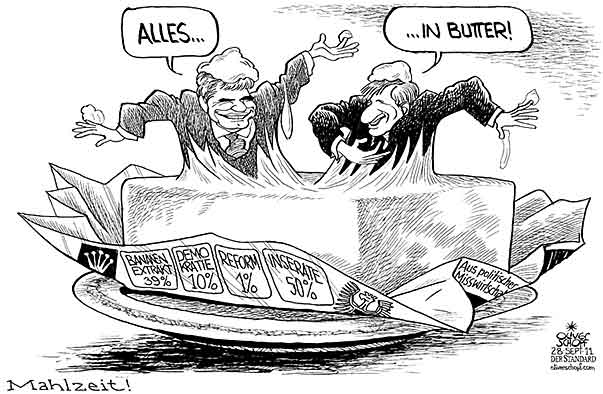  Oliver Schopf, politischer Karikaturist aus Österreich, politische Karikaturen, Illustrationen Archiv politische Karikatur Österreich Koalition 2011 faymann spindelegger koalition butter inserate reform demokratie
