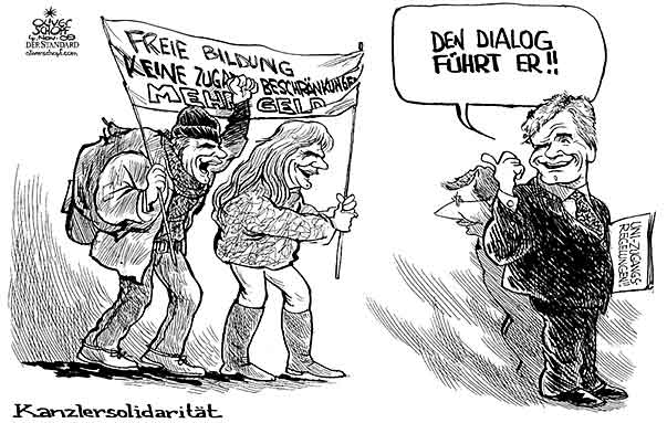 Oliver Schopf, politischer Karikaturist aus Österreich, politische Karikaturen aus Österreich, Karikatur, Illustrationen Politik Politiker Österreich 2009: faymann, hahn, uni, dialog, studenten, proteste, solidaritaet.





   