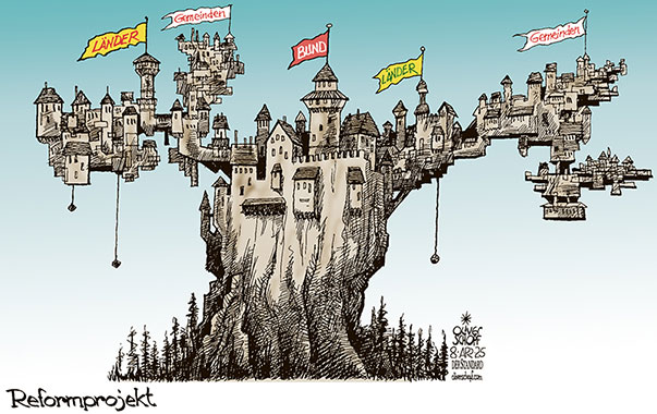 Oliver Schopf, politischer Karikaturist aus Österreich, politische Karikaturen aus Österreich, Karikatur Cartoon Illustrationen Politik Politiker Österreich @oliverschopf.bsky.social 2025: FÖDERALISMUS REFORM BUND LÄNDER GEMEINDEN BUNDESSTAATSREFORM BURG BURGEN WIRRWARR UNÜBERSICHTLICH 

















