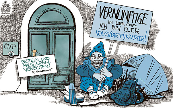 Oliver Schopf, politischer Karikaturist aus Österreich, politische Karikaturen aus Österreich, Karikatur Cartoon Illustrationen Politik Politiker Österreich 2024: NATIONALRATSWAHL REGIERUNGSBILDUNG ÖVP FPÖ HERBERT KICKL NEHAMMER BETTELN HAUSIEREN CAMPIEREN DIE VERNÜNFTIGEN VOLKSKANZLER VOLKSPARTEI KANZLER AKTIVIST BELAGERN





