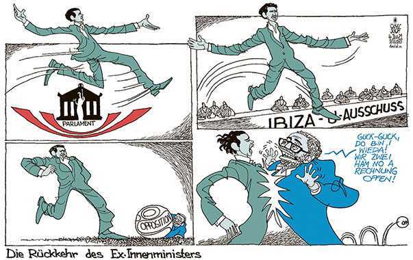 Oliver Schopf, politischer Karikaturist aus Österreich, politische Karikaturen aus Österreich, Karikatur Cartoon Illustrationen Politik Politiker Österreich 2021: FPÖ HERBERT KICKL PARTEICHEF NORBERT HOFER SEBASTIAN KURZ GEGNER KONKURRENT INNENMINISTER PARLAMENT U-AUSSCHUSS OPPOSITION
