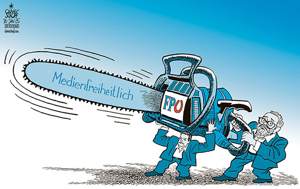 Oliver Schopf, politischer Karikaturist aus Österreich, politische Karikaturen aus Österreich, Karikatur Cartoon Illustrationen Politik Politiker Österreich 2025: FPÖ MEDIEN MEDIENFREIHEIT DER STANDARD DOMINIK NEPP SCHEISSBLATT PRESSEFÖRDERUNG HERBERT KICKL KETTENSÄGE MILEI ZENSUR 












