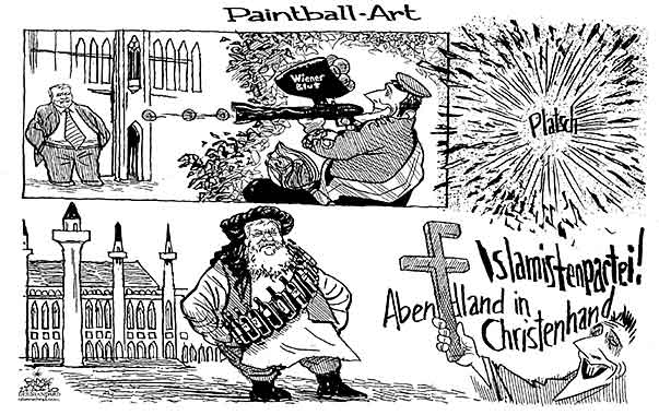 Oliver Schopf, politischer Karikaturist aus Österreich, politische Karikaturen aus Österreich, Karikatur, Illustrationen Politik Politiker Österreich 2010: fpoe strache haeupl wiener blut islamistenpartei paintball abendland in christenhand 














 
  