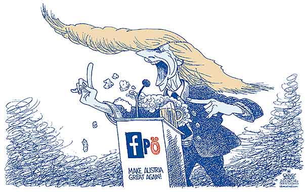 Oliver Schopf, politischer Karikaturist aus Österreich, politische Karikaturen aus Österreich, Karikatur Cartoon Illustrationen Politik Politiker Österreich 2016 : FPÖ HC STRACHE TRUMP MAKE AMERICA GREAT AGAIN HAARE FACEBOOK HETZE HASSPOSTING REDE BIER SCHAUMSCHLÄGER 





