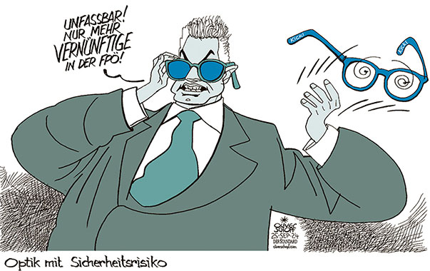 Oliver Schopf, politischer Karikaturist aus Österreich, politische Karikaturen aus Österreich, Karikatur Cartoon Illustrationen Politik Politiker Österreich 2024: NATIONALRATSWAHL ÖVP KARL NEHAMMER KOALITION FPÖ NICHT MIT KICKL VERNÜNFTIGE BRILLE OPTIK BLAU SICHERHEITSRISIKO 




