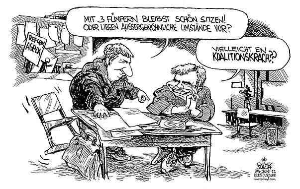 Oliver Schopf, politischer Karikaturist aus Österreich, politische Karikaturen aus Österreich, Karikatur, Illustrationen Politik Politiker Österreich 2011 regierung faymann spindelegger  koalition rot schwarz schule aufsteigen fuenfer sitzen bleiben 
 
