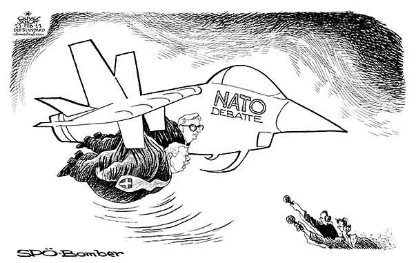 Oliver Schopf, politischer Karikaturist aus Österreich, politische Karikaturen aus Österreich, Karikatur, Illustrationen Politik Politiker Österreich 2011: haeupl nato swoboda spoe sprechblasse bomber 

 
  