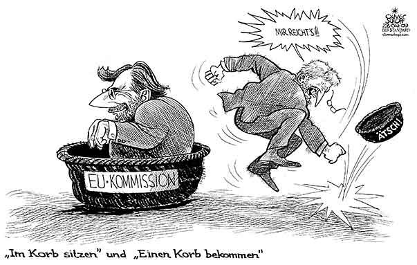 Oliver Schopf, politischer Karikaturist aus Österreich, politische Karikaturen aus Österreich, Karikatur, Illustrationen Politik Politiker Österreich 2009: hahn, molterer, eu, kommissar, korb, es reicht




   