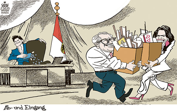Oliver Schopf, politischer Karikaturist aus Österreich, politische Karikaturen aus Österreich, Karikatur Cartoon Illustrationen Politik Politiker Österreich Cartoon Movement, @oliverschopf.bsky.social 2025: SALZBURG LANDESHAUPTMANN ÖVP WECHSEL NACHFOLGERIN WILFRIED HASLAUER JUNIOR KAROLINE EDTSTADLER MARLENE SVAZEK BÜRO CHIEMSEEHOF STUHL REISSNÄGEL 


























