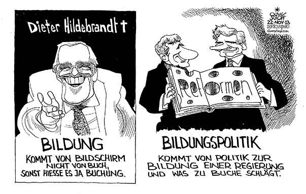 Oliver Schopf, politischer Karikaturist aus Österreich, politische Karikaturen aus Österreich, Karikatur, Illustrationen, Cartoon Politik Politiker Österreich 2013 BILDUNG BILDUNGSPOLITIK LEHRERDIENSTRECHT KOALITION FAYMANN SPINDELEGGER REFORMEN BUDGETLOCH DIETER HILDEBRANDT KABARETTIST  

 