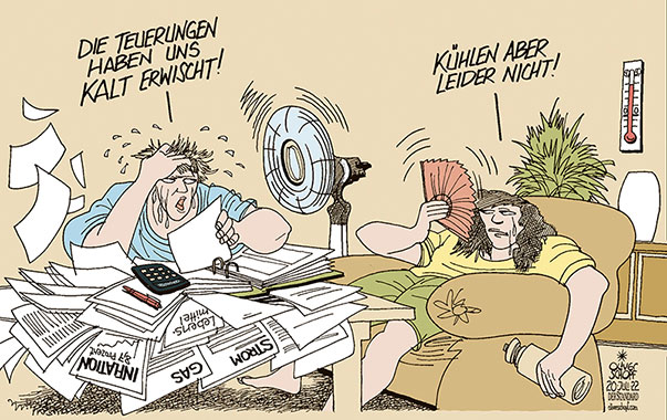 Oliver Schopf, politischer Karikaturist aus Österreich, politische Karikaturen aus Österreich, Karikatur Cartoon Illustrationen Politik Politiker Österreich 2022: HITZE HITZEWELLE SCHWITZEN TEUERUNG INFLATION KALT ERWISCHEN KÜHLEN 








