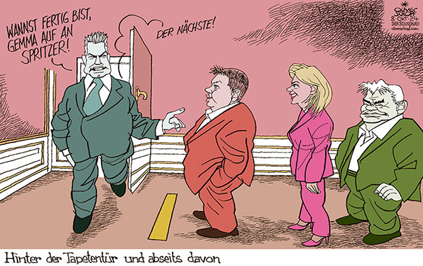 Oliver Schopf, politischer Karikaturist aus Österreich, politische Karikaturen aus Österreich, Karikatur Cartoon Illustrationen Politik Politiker Österreich 2024: REGIERUNGSBILDUNG HOFBURG TAPETENTÜR PARTEIEN ÖVP SPÖ NEOS DIE GRÜNEN NEHAMMER BABLER MEINL-REISINGER KOGLER GESPRÄCHE BUNDESPRÄSIDENT VAN DER BELLEN








