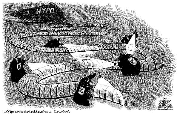 Oliver Schopf, politischer Karikaturist aus Österreich, politische Karikaturen aus Österreich, Karikatur, Illustrationen Politik Politiker Österreich 2010: hypo alpe adria, ermittlungen, staatsanwaltschaft, ratte, rattenschwanz, dunkel, taschenlampe
  