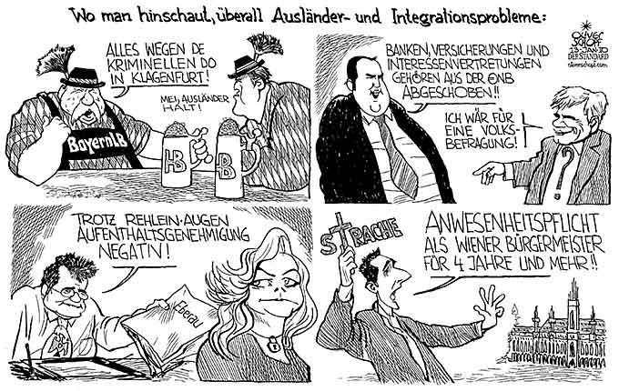 Oliver Schopf, politischer Karikaturist aus Österreich, politische Karikaturen aus Österreich, Karikatur, Illustrationen Politik Politiker Österreich 2010: auslaender, integration, asyl, kriminelle, abschieben, aufenthaltsgenehmigung, anwesenheitspflicht, fekter, niessl
  