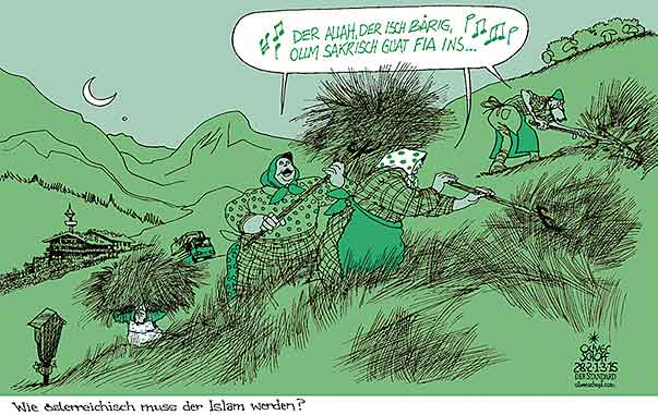  Oliver Schopf, politischer Karikaturist aus Österreich, politische Karikaturen, Illustrationen Archiv politische Karikatur Asylrecht Migration in Österreich  2014 ISLAM OESTERREICH ISLAMGESETZ GENERALVERDACHT BERGBAUERN GEBIRGE HEUERNTE ALLAH GRUEN HALBMOND




