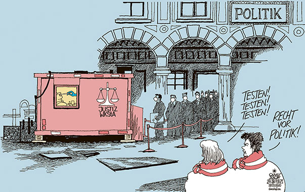 Oliver Schopf, politischer Karikaturist aus Österreich, politische Karikaturen aus Österreich, Karikatur Cartoon Illustrationen Politik Politiker Österreich 2021: ÖVP POLITIK JUSTIZ WIRTSCHAFTS- UND KORRUPTIONSSTAATSANWALTSCHAFT WKStA CORONAVIRUS COVID-19 TEST TESTEN CONTAINER POLITIK VOR RECHT KICKL ABSTRICH 
