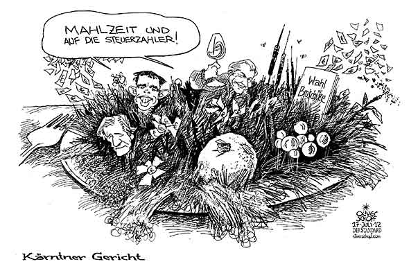  Oliver Schopf, politischer Karikaturist aus Österreich, politische Karikaturen, Illustrationen Archiv politische Karikatur Österreich: Landeshauptleute Kärnten 2012 kaernten   DOERFLER SCHEUCH UWE MARTINZ PETZNER GERICHT KORRUPTION WAHL BROSCHUERE ESSEN MAHLZEIT STEUERZAHLER  
