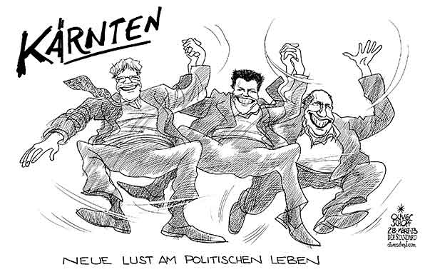  Oliver Schopf, politischer Karikaturist aus Österreich, politische Karikaturen, Illustrationen Archiv politische Karikatur Österreich: Landeshauptleute Kärnten 2013 KAERNTEN LUST AM LEBEN REGIERUNG DREIERKOALITION KAISER PETER WALDNER WOLFGANG HOLUB ROLF WERBUNG
