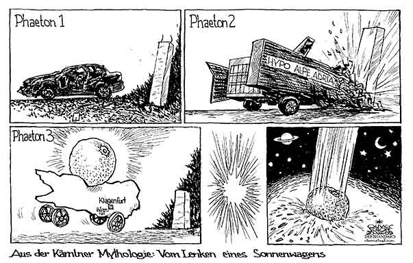 Oliver Schopf, politischer Karikaturist aus Österreich, politische Karikaturen aus Österreich, Karikatur, Illustrationen Politik Politiker Österreich 2009: kaernten, haider, hypo alpe adria, sonnenwagen, phaeton, orange, sonne vom himmel gefallen, mythologie




   