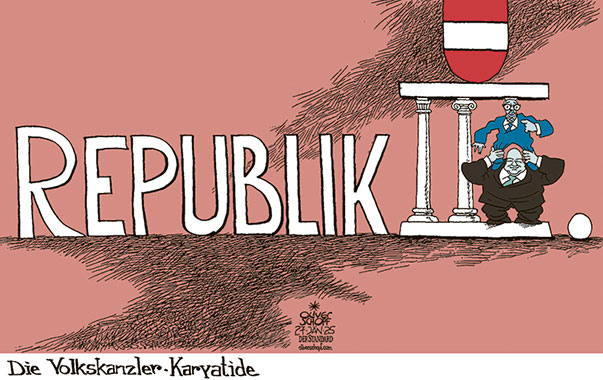 Oliver Schopf, politischer Karikaturist aus Österreich, politische Karikaturen aus Österreich, Karikatur Cartoon Illustrationen Politik Politiker Österreich 2025: REGIERUNGSBILDUNG FPÖ ÖVP HERBERT KICKL CHRISTIAN STOCKER DRITTE REPUBLIK SÄULEN SÄULENFIGUR KARYATIDE VOLKSKANZLER 
















