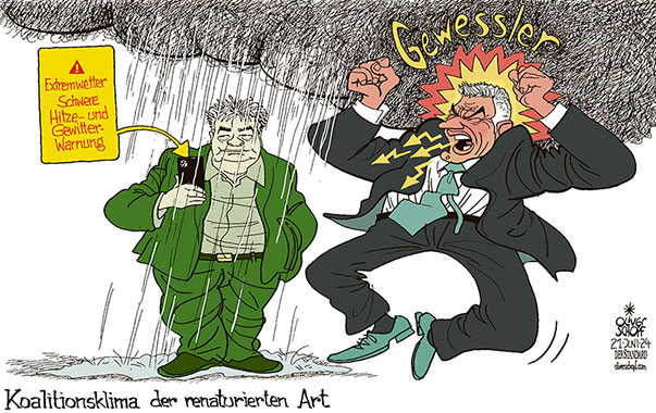 Oliver Schopf, politischer Karikaturist aus Österreich, politische Karikaturen aus Österreich, Karikatur Cartoon Illustrationen Politik Politiker Österreich 2024: REGIERUNG KOALITION NEHAMMER KOGLER ÖVP DIE GRÜNEN TÜRKIS GRÜN GEWESSLER RENATURIERUNG EXTREMWETTER HITZE GEWITTER WARNUNG HITZEWELLE BLITZ
