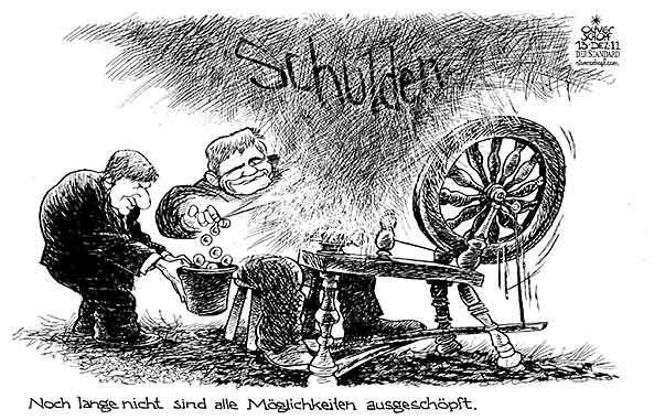 Oliver Schopf, politischer Karikaturist aus Österreich, politische Karikaturen aus Österreich, Karikatur, Illustrationen Politik Politiker Österreich 2011 faymann spindelegger koalition schuldenbremse spinnrad stroh zu gold spinnen rumpelstilzchen 

















 








 
  