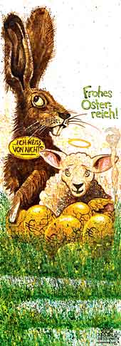  Oliver Schopf, politischer Karikaturist aus Österreich, politische Karikaturen, Illustrationen Archiv politische Karikatur Österreich: 2012 KORRUPTION OSTERN HASE LAMM UNSCHULDSLAMM FAULE EIER EURO NEST SUMPF   