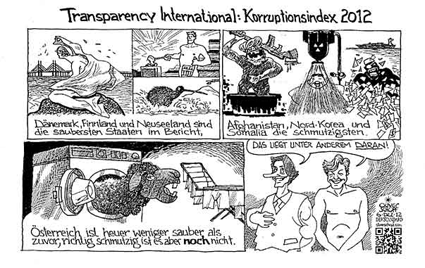  Oliver Schopf, politischer Karikaturist aus Österreich, politische Karikaturen, Illustrationen Archiv politische Karikatur Österreich 2012 TRANSPARENCY INTERNATIONAL KORRUPTIONSINDEX 2012 DAENEMARK FINNLAND NEUSEELAND AFGHANISTAN NORD-KOREA SOMALIA GRASSER KARL-HEINZ MEISCHBERGER WALTER SUPERSAUBER SUPERNACKT SCHWARZES SCHAF 

    