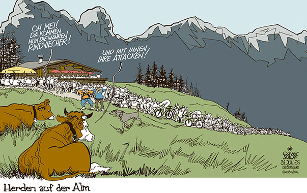 Oliver Schopf, politischer Karikaturist aus Österreich, politische Karikaturen aus Österreich, Karikatur Cartoon Illustrationen Politik Politiker Österreich Cartoon Movement, @oliverschopf.bsky.social 2025: KUHATTACKEN ALM TOURISTEN TOURISMUS BERGE OVERTOURISM STRESS ALMWIESE KUH HERDE 

























