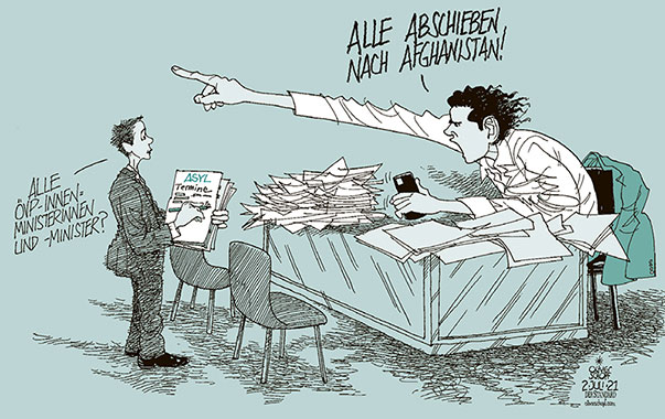  Oliver Schopf, politischer Karikaturist aus Österreich, politische Karikaturen, Illustrationen Archiv politische Karikatur Asylrecht Migration in Österreich  2021 ASYL MIGRATION ABSCHIEBUNGEN ÖVP SEBASTIAN KURZ AFGHANEN MORD VERDÄCHTIGE INNENMINISTER 
