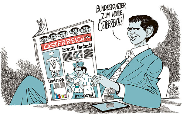 Oliver Schopf, politischer Karikaturist aus Österreich, politische Karikaturen aus Österreich, Karikatur Cartoon Illustrationen Politik Politiker Österreich 2021: REGIERUNGSKRISE SEBASTIAN KURZ BUNDESKANZLER MEDIEN REGIERUNGSINSERAT DEAL  UMFRAGEN BERICHTERSTATTUNG STEUERGELD ZEITUNG ÖSTERREICH CHATS HANDY ERMITTLUNGEN PRESSE UNABHÄNGIGKEIT KORRUPTION 
