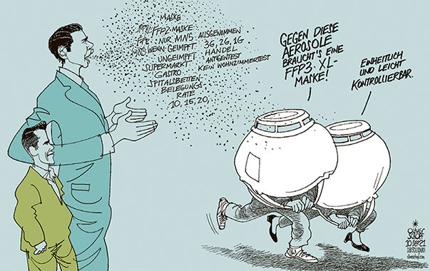 Oliver Schopf, politischer Karikaturist aus Österreich, politische Karikaturen aus Österreich, Karikatur Cartoon Illustrationen Politik Politiker Österreich 2021: CORONA VIRUS SARS-CoV-2 COVID-19 PANDEMIE REGIERUNG KOALITION BUNDESKANZLER GESUNDHEITSMINISTER SEBASTIAN KURZ WOLFGANG MÜCKSTEIN STUFENPLAN NEUE REGELN KONTROLLE HERBST FFP2-MASKEN MNS AEROSOLE SHOW SCHUTZ

