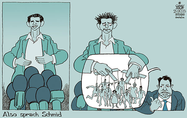 Oliver Schopf, politischer Karikaturist aus Österreich, politische Karikaturen aus Österreich, Karikatur Cartoon Illustrationen Politik Politiker Österreich 2023: PROZESS LANDESGERICHT WIEN GROSSER SCHWURGERICHTSSAAL SEBASTIAN KURZ FALSCHE ZEUGENAUSSAGE THOMAS SCHMID ZEUGE MARIONETTE EINFLUSS ABHÄNGIGKEIT 




















