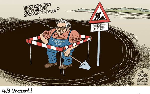 Oliver Schopf, politischer Karikaturist aus Österreich, politische Karikaturen aus Österreich, Karikatur Cartoon Illustrationen Politik Politiker Österreich Cartoon Movement, @oliverschopf.bsky.social 2025: BUDGET DEFIZIT BUDGETLOCH GRÖSSER 4,9 PROZENT MARKUS MARTERBAUER FINANZMINISTER BAUSTELLE STAATSFINANZEN 


































