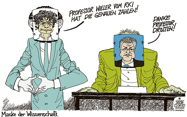  Oliver Schopf, politischer Karikaturist aus Österreich, politische Karikaturen, Illustrationen Archiv politische Karikatur Österreich 2020: CORONAVIRUS KRISE SARS-CoV-2 COVID-19 KOALITION REGIERUNG TÜRKIS GRÜN ÖVP DIE GRÜNEN KURZ ANSCHOBER WISSENSCHAFT VIROLOGIE EPIDEMIOLOGIE CHRISTIAN DROSTEN LOTHAR WIELER MASKE THEATERMASKE MASKENPFLICHT 

