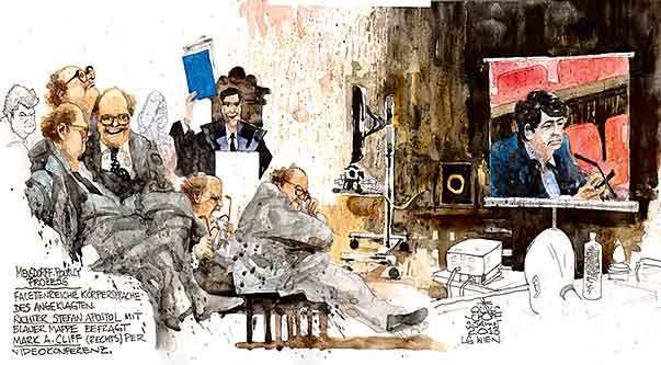 Oliver Schopf, politischer Karikaturist aus Österreich, politische Karikaturen aus Österreich, Karikatur, Illustrationen Politik Politiker Österreich 2012 2013 MENSDORFF-POUILLY ALFONS PROZESS WIEN LANDESGERICHT GROSSER SCHWURGERICHTSSAAL MARK CLIFF STEFAN APOSTOL HARALD SCHUSTER RECHTSANWALT


 
  