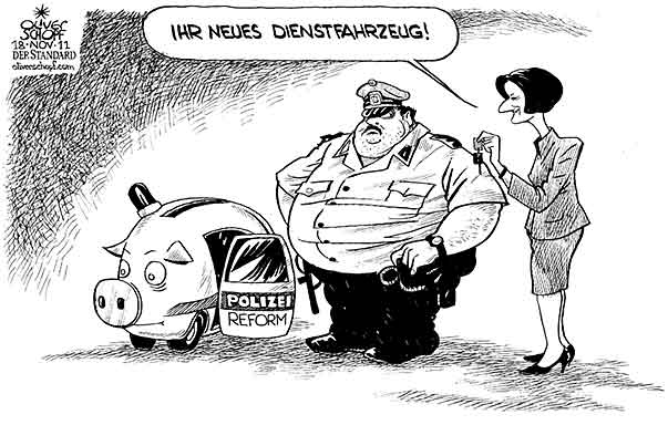  Oliver Schopf, politischer Karikaturist aus Österreich, politische Karikaturen, Illustrationen Archiv politische Karikatur Österreich: Polizei  2011  2011 MIKL LEITNER INNENMINISTERIN POLIZEI REFORM SPAREN SPARSCHWEIN AUTO POLIZIST  

