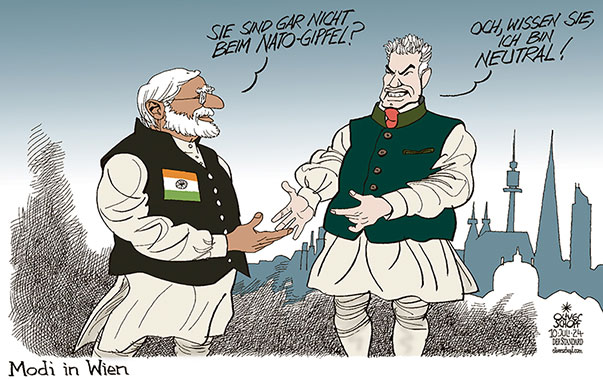 Oliver Schopf, politischer Karikaturist aus Österreich, politische Karikaturen aus Österreich, Karikatur Cartoon Illustrationen Politik Politiker Österreich 2024: STAATSBESUCH NARENDRA MODI INDIEN WIEN BUNDESKANZLER KARL NEHAMMER NATO NEUTRAL NEUTRALITÄT TRACHT 
