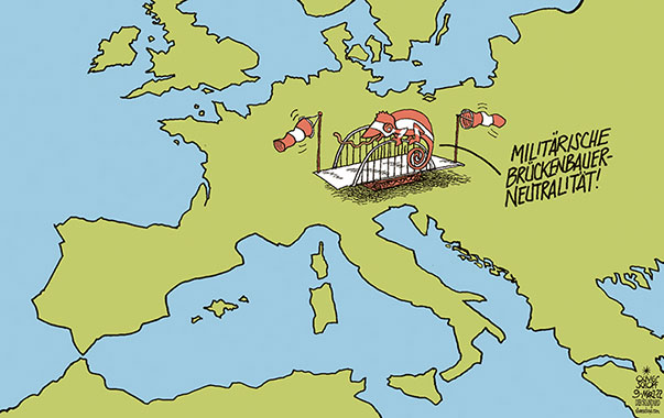 Oliver Schopf, politischer Karikaturist aus Österreich, politische Karikaturen aus Österreich, Karikatur Cartoon Illustrationen Politik Politiker Österreich 2022: MILITÄRISCHE NEUTRALITÄT BRÜCKE BRÜCKENBAUER BUNDESHEER PANZER CHAMÄLEON FHANE IM WIND EUROPA KONTINENT EU RUSSLAND ASIEN






