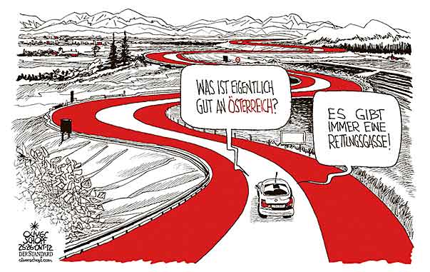 Oliver Schopf, politischer Karikaturist aus Österreich, politische Karikaturen aus Österreich, Karikatur, Illustrationen Politik Politiker Österreich 2012 FAHNE FLAGGE ROT WEISS ROT AUTOBAHN RETTUNGSGASSE

 