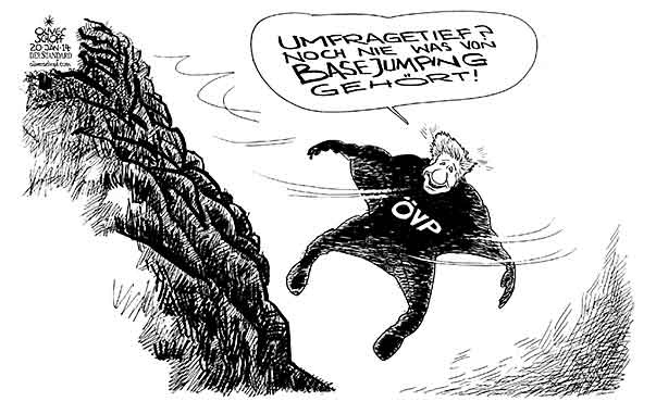  Oliver Schopf, politischer Karikaturist aus Österreich, politische Karikaturen, Illustrationen Archiv politische Karikatur Österreich: Parteien ÖVP 2014 ÖVP SPINDELEGGER OBMANN DEBATTE UMFRAGETIEF BASEJUMPING SPRINGEN TIEFE FLIEGEN 



