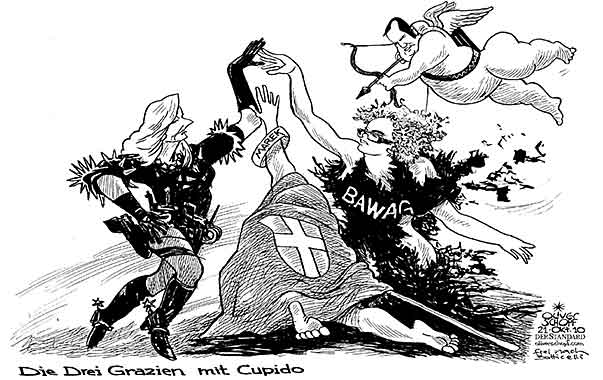 Oliver Schopf, politischer Karikaturist aus Österreich, politische Karikaturen aus Österreich, Karikatur, Illustrationen Politik Politiker Österreich 2010: : oevp proell fekter bandion-ortner marek drei grazien cupido bawag