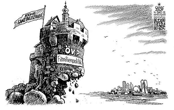 Oliver Schopf, politischer Karikaturist aus Österreich, politische Karikaturen aus Österreich, Karikatur, Illustrationen Politik Politiker Österreich 2012 OEVP FAMILIE POLITIK GANZTAGSSCHULE BURG RUINE KIRCHE TURM BOLLWERK BASTION  

 