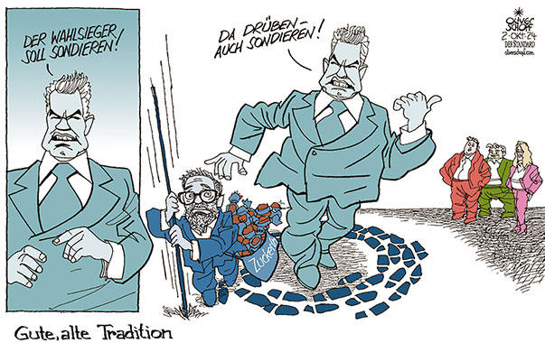 Oliver Schopf, politischer Karikaturist aus Österreich, politische Karikaturen aus Österreich, Karikatur Cartoon Illustrationen Politik Politiker Österreich 2024: NATIONALRATSWAHL SONDIERUNG ÖVP NEHAMMER FPÖ KICKL SPÖ DIE GRÜNEN NEOS TRADITION WAHLGEWINNER 







