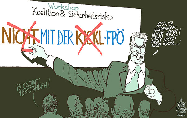 Oliver Schopf, politischer Karikaturist aus Österreich, politische Karikaturen aus Österreich, Karikatur Cartoon Illustrationen Politik Politiker Österreich 2024: NATIONALRATSWAHL ÖVP FPÖ KOALITION KARL NEHAMMER NICHT MIT HERBERT KICKL SICHERHEITSRISIKO POWER POINT PRÄSENTATION WORKSHOP SEMINAR LEHRGANG 


































